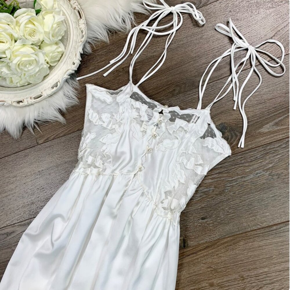Vintage Natori White Silky Lingerie Slip Midi Dress Sz XS Bridal Nightgown